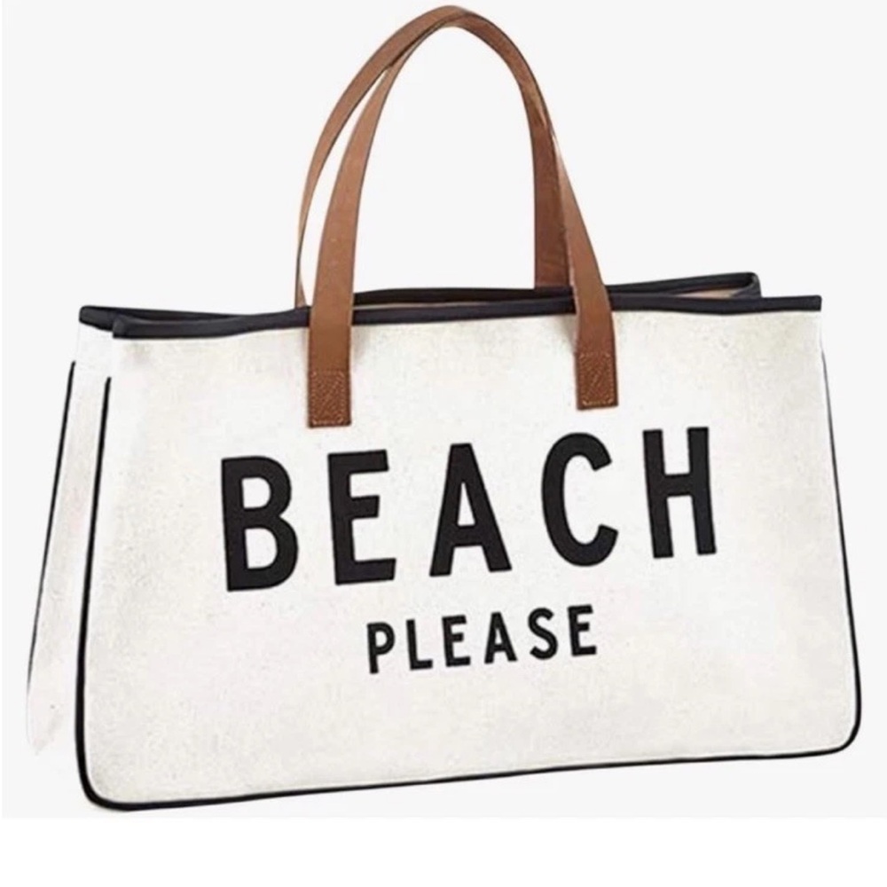 BEACH PLEASE BLACK IVORY CANVAS TOTE BAG